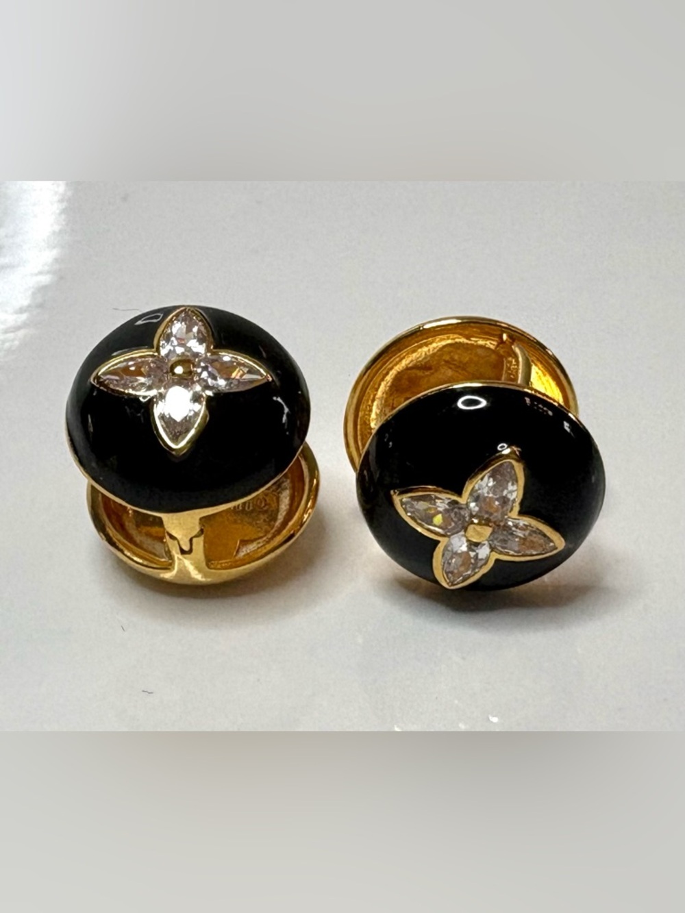 Gold-Tone Black Enamel Flower w/ CZ Button Earrings